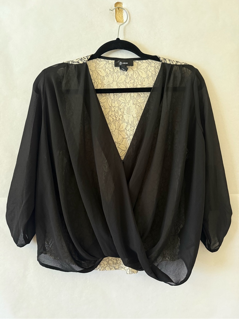 B. Wear Black Sheer Draped Surplice Blouse Size M Lace Back Romantic Feminine